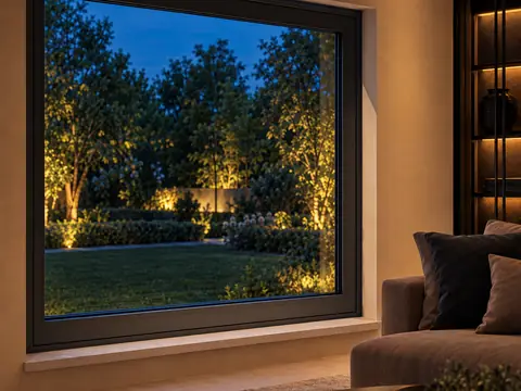 Groot vast raam zonder vleugel, in een woonkamer met bank, met zicht op een verlichte tuin bij avond