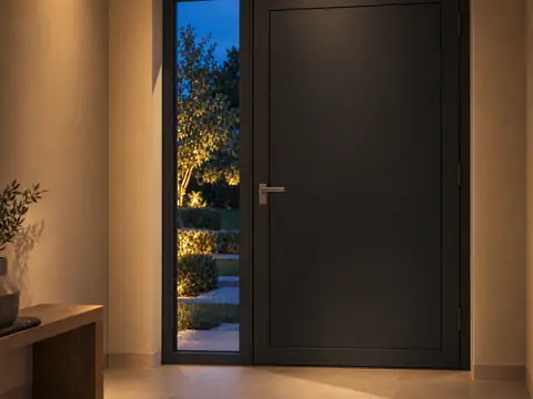 Antracieten voordeur met smal zijlicht, gezien vanuit een hal met een houten bankje, met zicht op een verlichte tuin bij avond